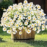 12 Bundles Artificial Daisy Flowers for Outdoors Spring Summer Decor, UV Resistant Fake Flowers Faux Plastic Greenery Shrub Plants for Outside Home Gardens Porch Planter Indoor Cemetery Décor(White)