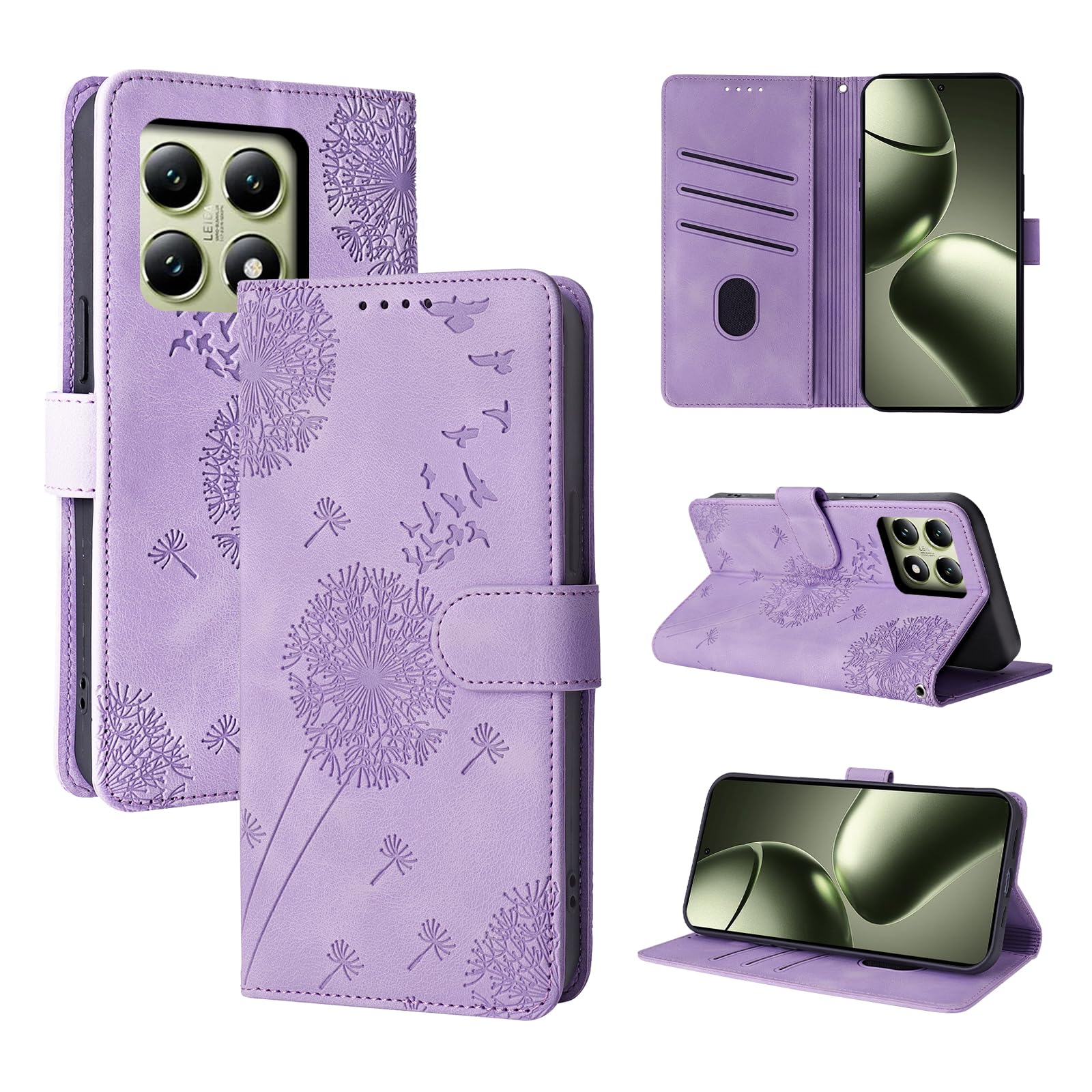 Rostsant Mobile Phone Case for Xiaomi 14T Dandelion PU Leather Flip Case Wallet Case Magnetic Purple