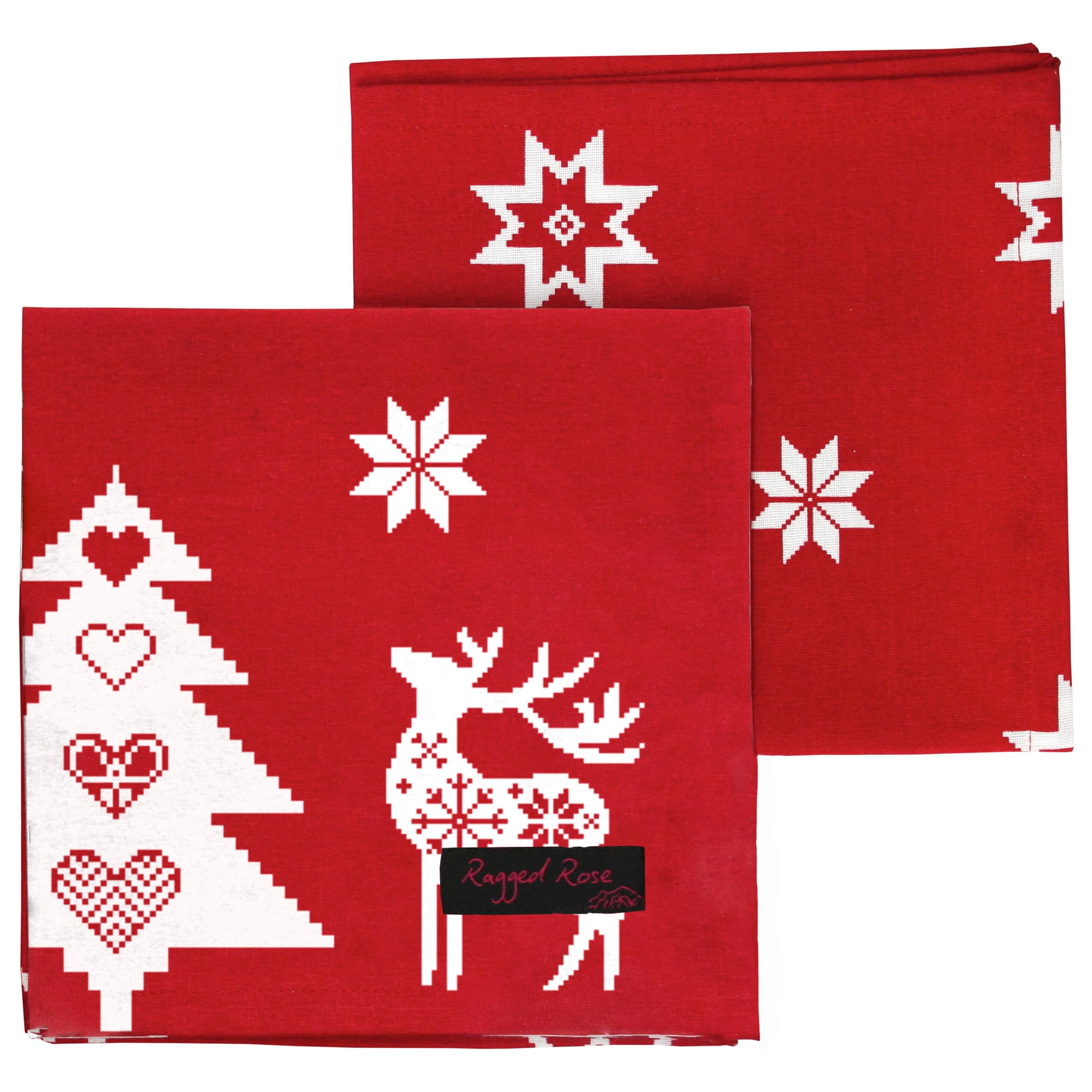 Christmas Napkin - Cotton Napkins for Christmas-Themed Dining Table Setting & Silverware - Red Star Napkins - Ragged Rose Gift Wrapped Cloth Napkins Set of 4-40 cm x 40 cm