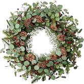 MAINGKAUNG Christmas Wreath 24 Inch Christmas Wreaths for Front Door Xmas Red Berry Wreath with Green Eucalyptus Leaves Pine Cones Red Berries for Wall Window Porch Xmas Holiday Winter Decorations