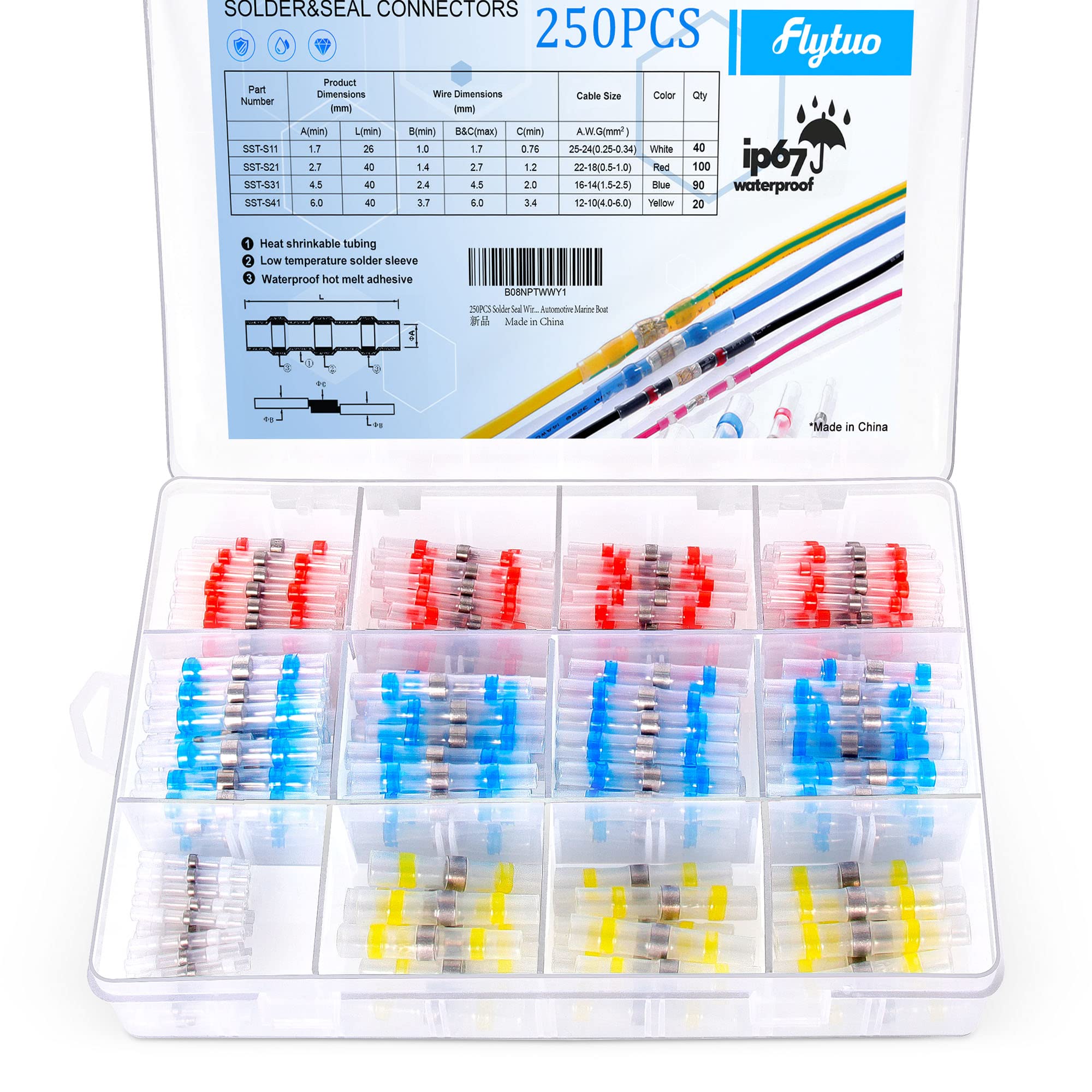 Flytuo 250pcs Solder Seal Wire Connectors Marine Electrical Terminals Kit with Case - Waterproof Automotive Ring Terminal Connectors Set