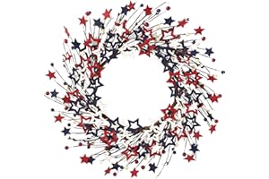 Sggvecsy 18Inch 4th of July Patriotic Day Wreath Red Blue White Wooden Star Wreath Americana Flag Wreath Patriotic Decorations for Memorial Day Independence Day Veterans Day Front Door Wall