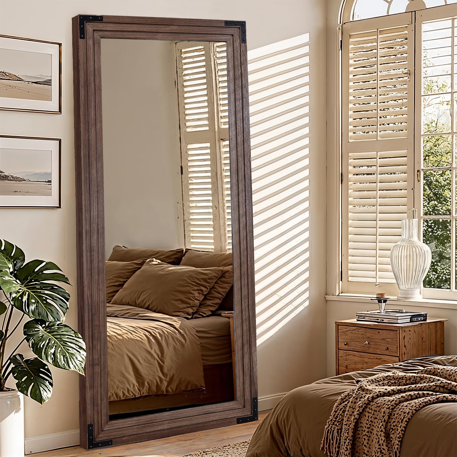 Photo 1 of LXWZHK Full Length Mirror 71"x30" Solid Wood Frame Floor Standing Mirror, Hanging or Leaning Wall-Mounted for Living Room, Bedroom, Brown