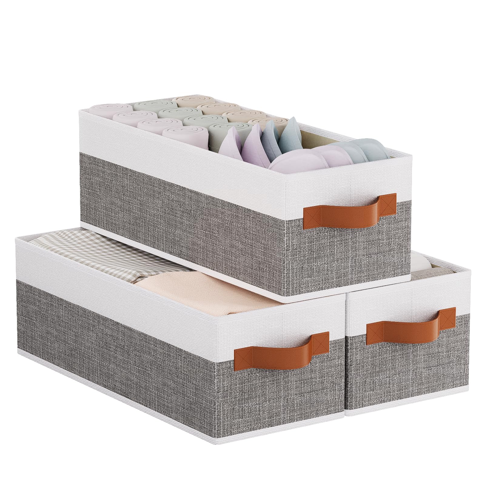 YheenLf Foldable Storage Basket, Open Fabric Clothes Box,Baskets for Organizing in Closets, Shelves, Living Room and Bathrooms, White and Gray, 3-Pack, 38×15.5×13 cm