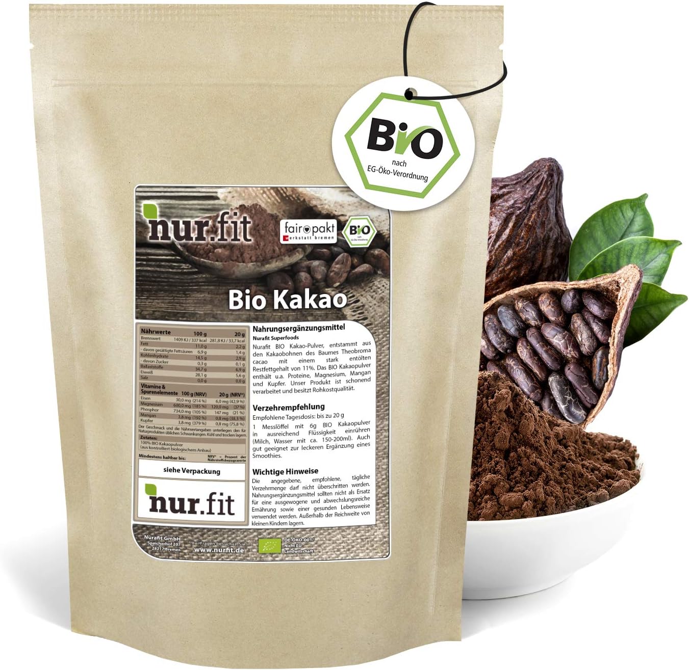 nur.fit by Nurafit BIO Kakaopulver 2kg – rein natürliches Kakao-Pulver aus Kakaobohnen ohne ...