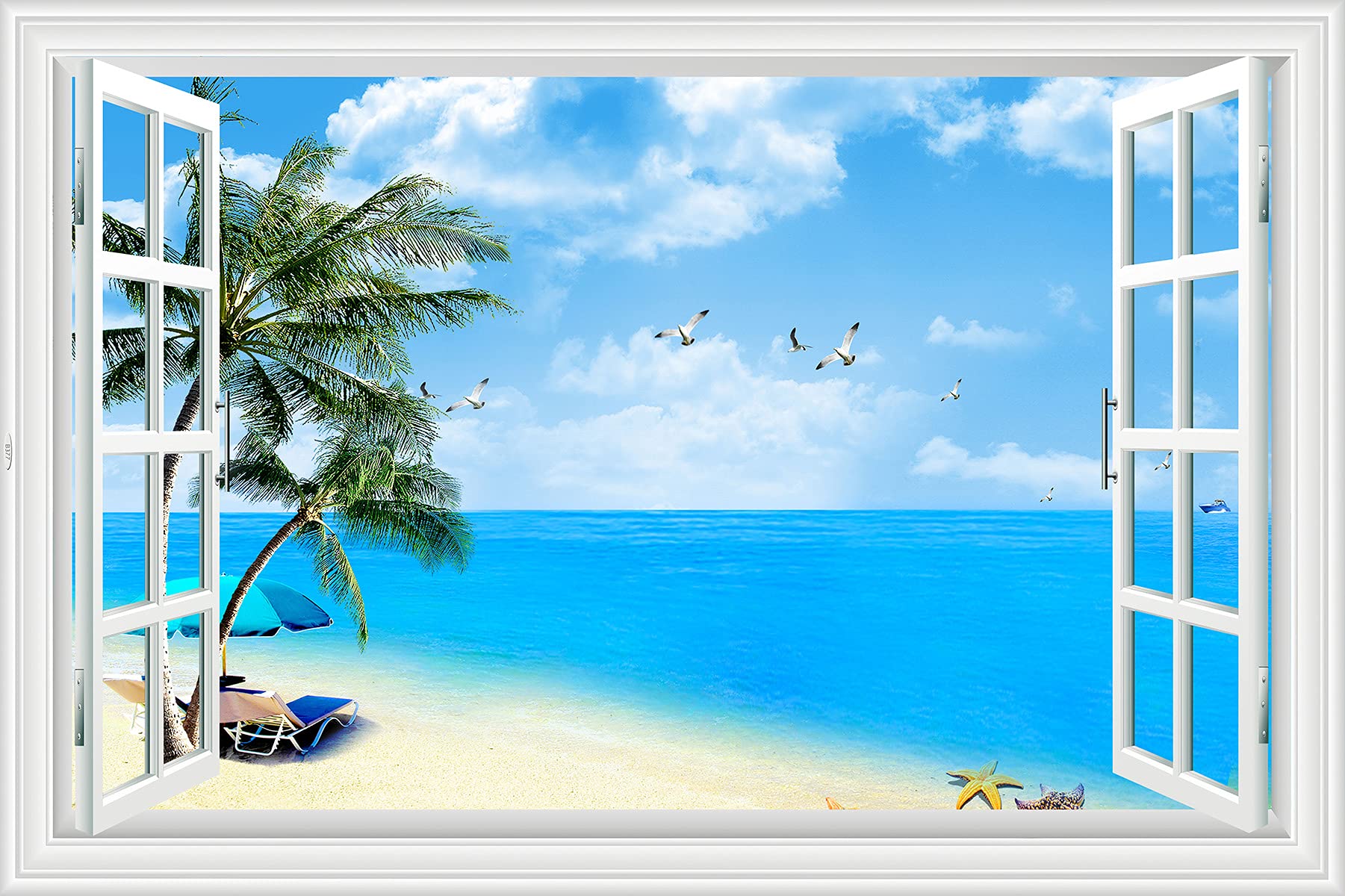 Lichi 3D Fake Window Wall Sticker Mural Decal of Sea Beach Coconut Tree View Scenery with Seagull