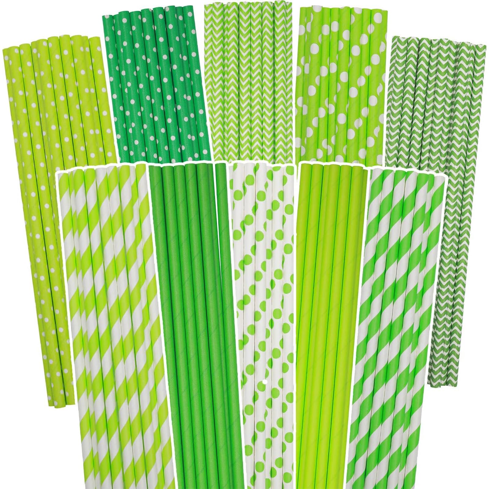 Gcardist Green Paper Straws for Drinking Green Disposable Straws 100pcs Bulk（10 Pattern）