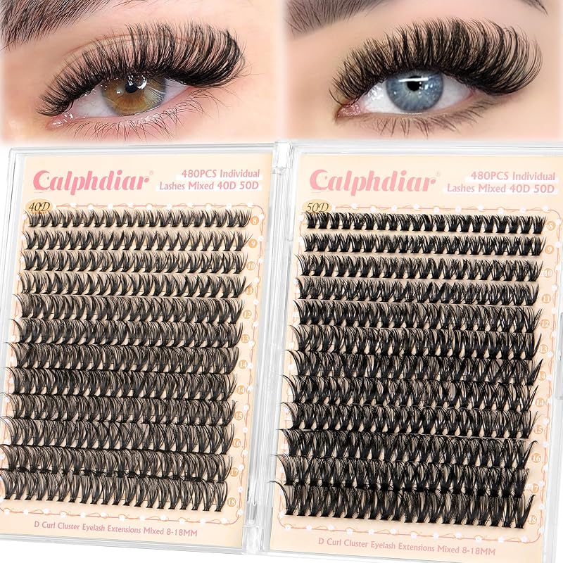 calphdiar 480Pcs Eyelash Clusters 40D+50D D Curl 8-18mm Natural Volume DIY
