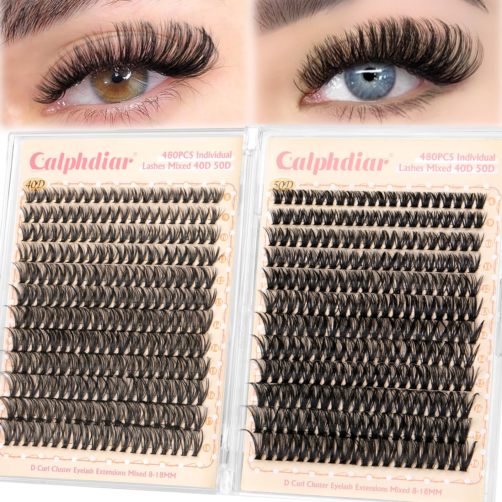calphdiar Individual Eyelashes Wispy Cluster Lashes 480PCS 40D+50D Lashes Individual Cluster D Curl Eyelash Extensions 8-18mm Eyelash Clusters Natural Volume DIY Lash Extension at Home — image 1