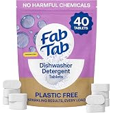Fab Tab 100% Plastic-Free Dishwasher Detergent Tablets, 40ct, Free &amp; Clear | Plant Based Dishwashing Pods, Cuts Grease &amp; Stuck on Food, Rinses Clean for Streak-Free Shine, Fully Dissolves, Septic Safe