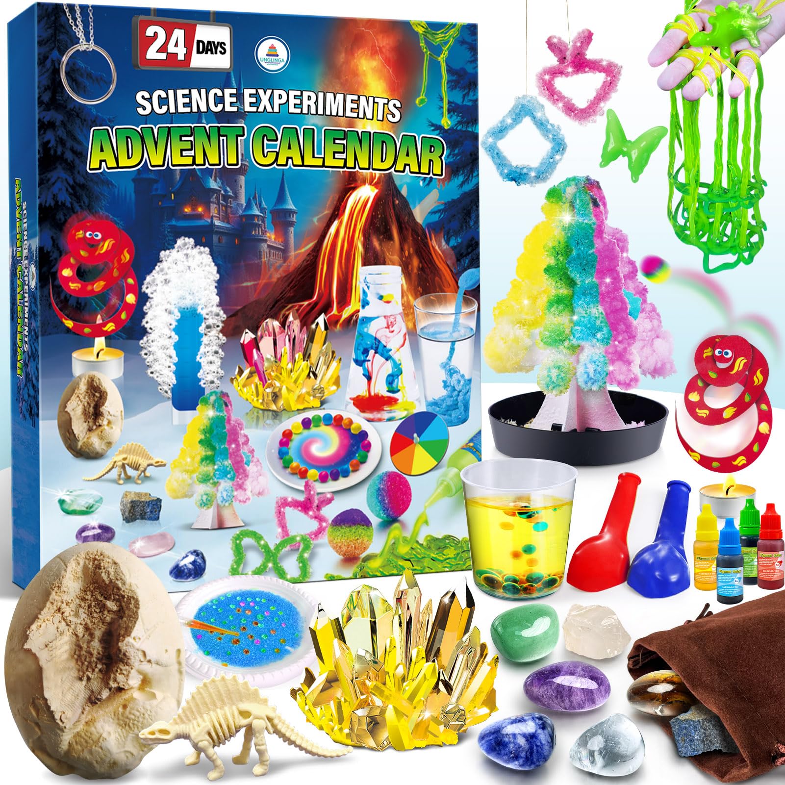 UNGLINGA Science Advent Calendar 2025 for Kids - 24 Days of S.T.E.M Experiments Chemistry Set, Crystal, Gemstones, Magic, Christmas Birthday Countdown Toys Gifts for Boys Girls