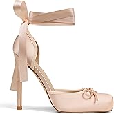 Atsroel Heels for Women Closed Toe Pumps Ankle Strap Stiletto Heels Womens Satin Wedding Ballet Heeled Sandals Dressy Sexy Slingback Pumps Bow Low Office Work Shoes Square Toe Party Sandals