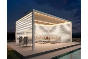 PURPLE LEAF LED Louvered Pergola 12' x 16' with Pull-Down Roller Screen All Aluminum Patio White Pergola Independently Adjustable Rainproof Louvered Roof for Outdoor Deck Garden, 3 Sides