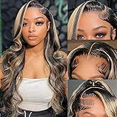 Aveiyce 13x6 Highlight Ombre Balayage Lace Front Wigs Human Hair 1b/27 Black and Blonde Lace Frontal Body Wave Wig Pre Plucked with Baby Hair for Black Women HD Transparent 180% Density Wig 18 Inch