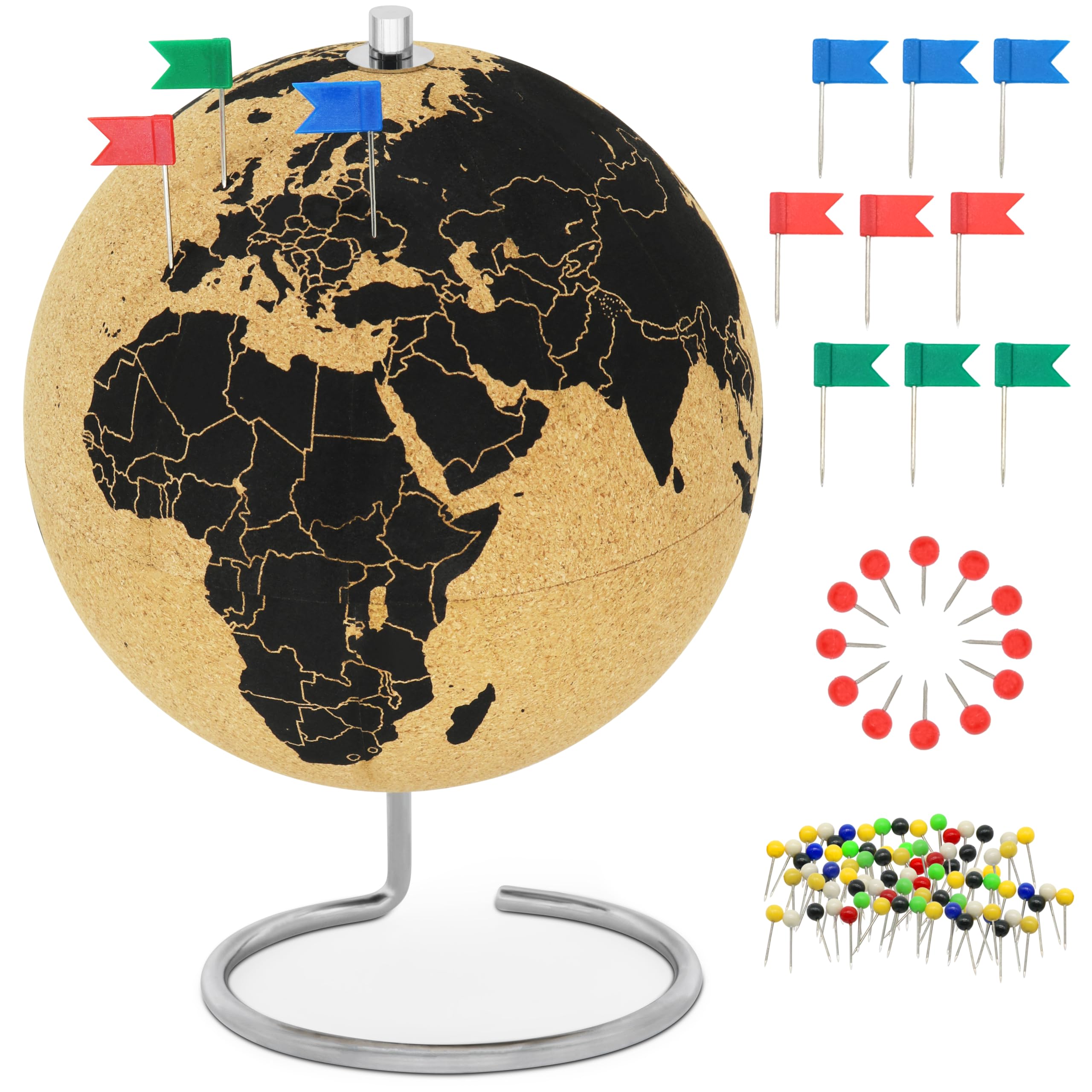 Clear cork globe with 54 pins - Spinning 26cm high cork globe - Gift idea for globetrotters
