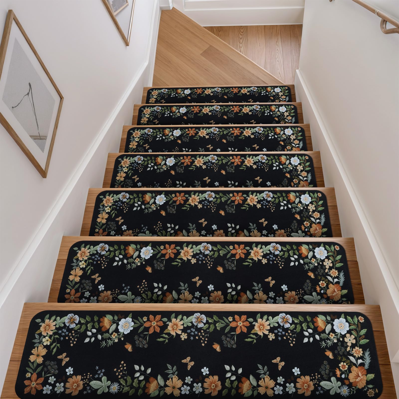 Photo 1 of OJIA Floral Stair Treads Non-Slip Carpet Stair Treads for Wooden Steps Indoor 15PCS 30"x8" Stair Runner Stair Mats Staircase Step Treads for Kids, Elders and Dogs, Stair Covers, Black