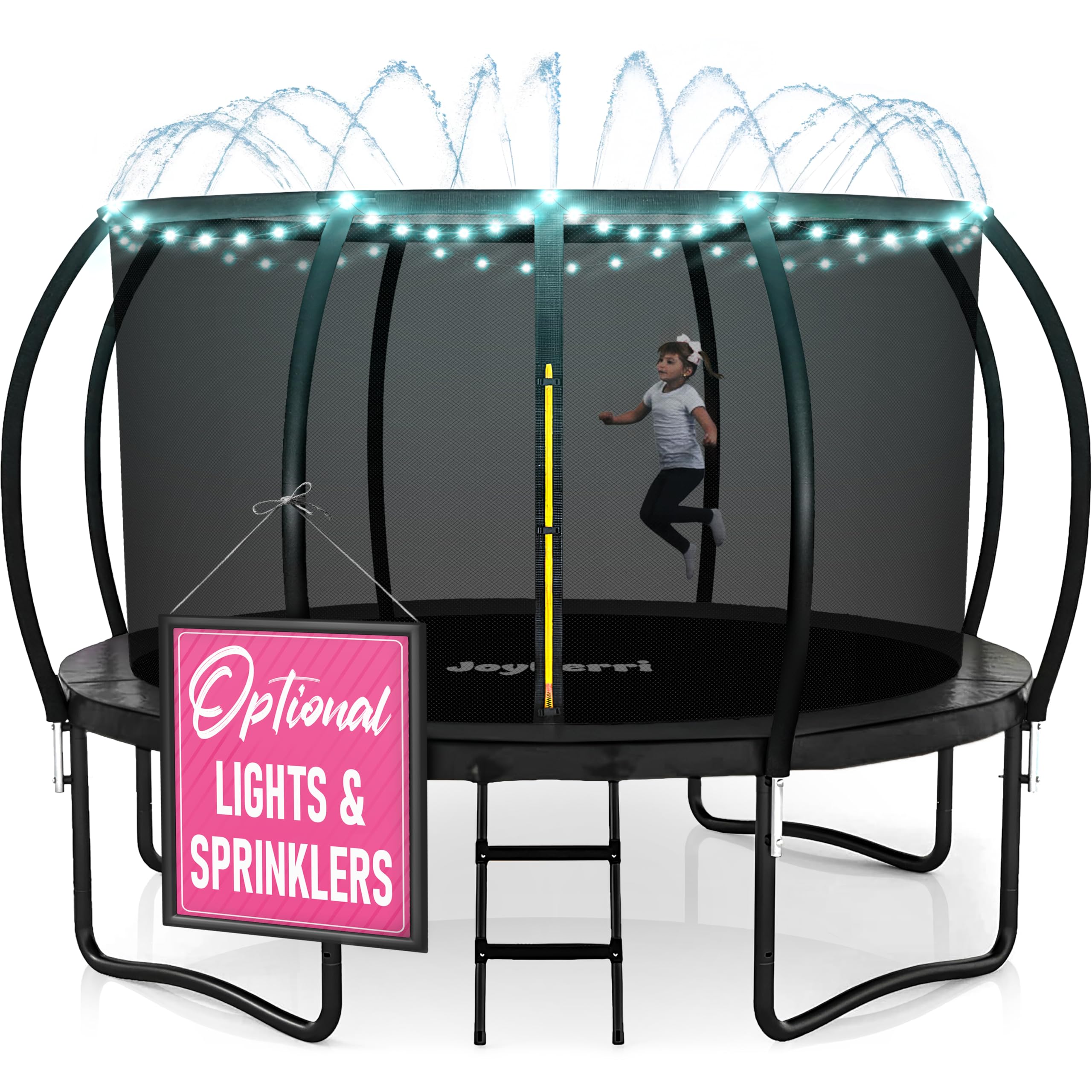 JoyBerri Upsurge Trampoline Outdoor - ASTM Certified Safe 8Ft 10Ft 12Ft 14Ft 15Ft 16Ft Recreational Trampoline for Kids and Adults. Anti-Rust Coating with Enclosure Net, Ladder, Sprinkler & LED Lights Image
