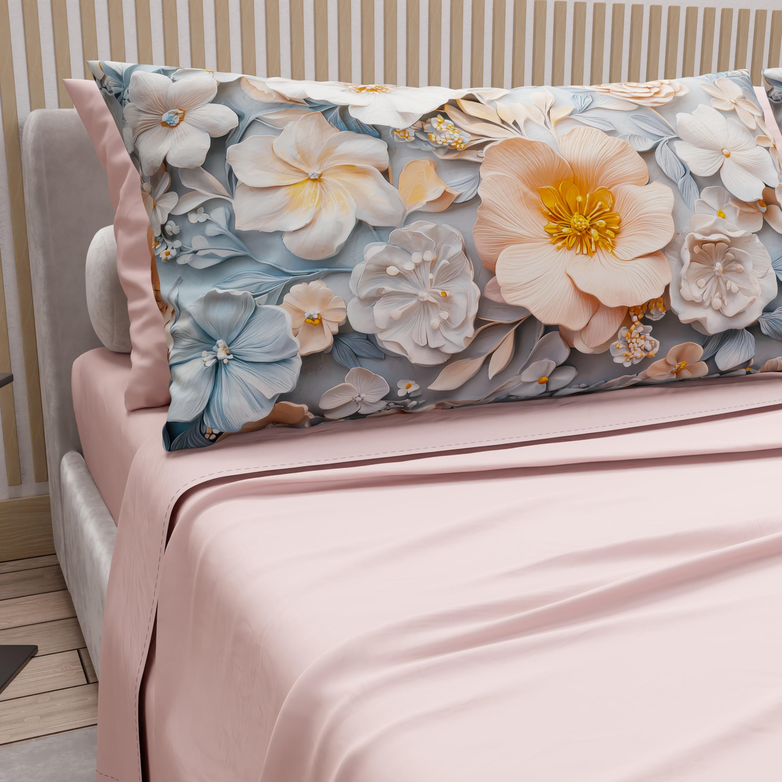 PETTI Artigiani Italiani - Cotton Sheets with Pillowcases in Digital Print, Single Bed Sheet, Complete Bed Set, Floral 20 Light Powder, 100% Made in Italy