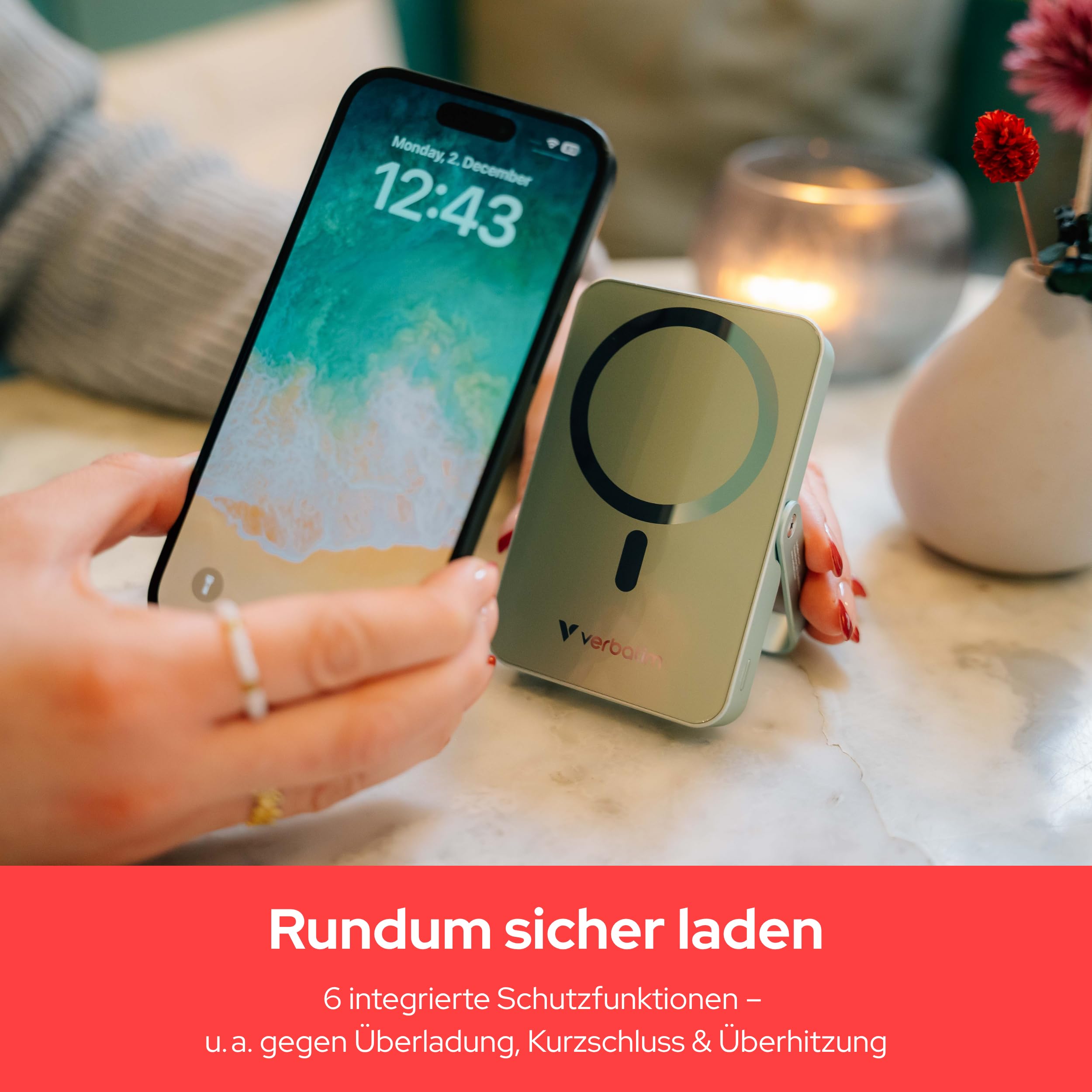 Verbatim Charge 'n' Go MagSafe Powerbank 10.000mAh Schwarz 15W magnetisch, PD 20W Schnellladen, LED-Anzeige, Ständer klappbar, Glasoberfläche, für iPhone 17/16/15 Pro, Galaxy S25 - inkl. USB-C Kabel 5