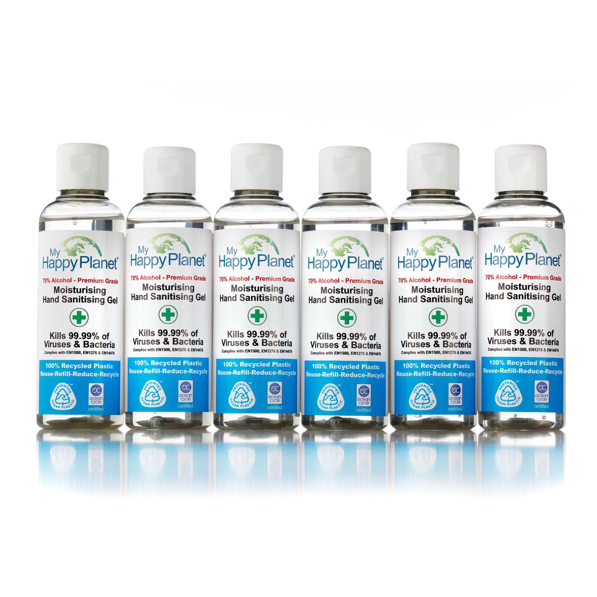 My Happy Planet 70% Alcohol Gel with Added Moisturiser to Protect and Care for the Hands, 100% Recycled Prevented Ocean Plastic Bottles, 6 x 100 ml