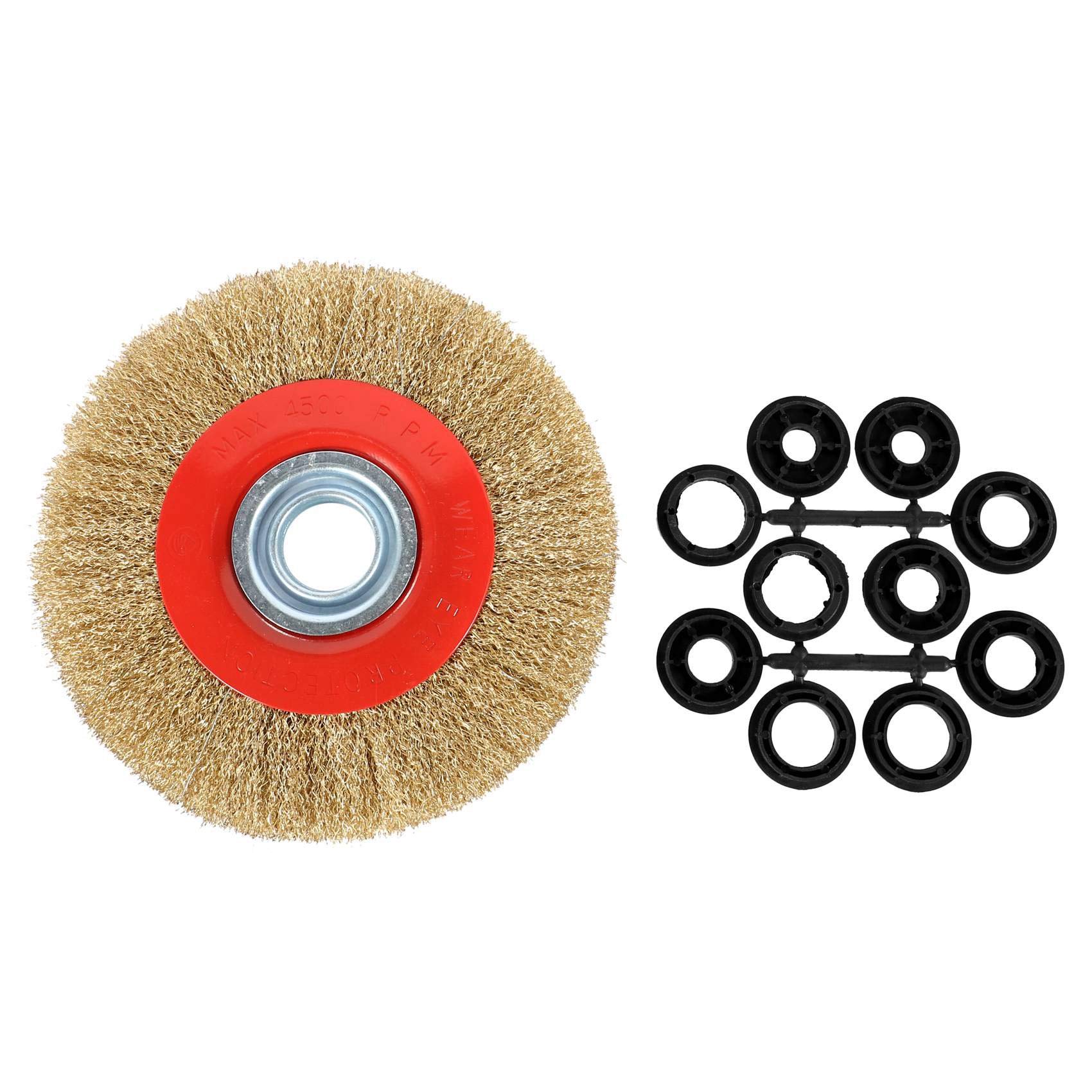Turodeuo 1Pcs 8 Inch 200mm Steel Flat Wire Wheel Brush with 10pcs Adaptor Rings for Bench Grinder Polish