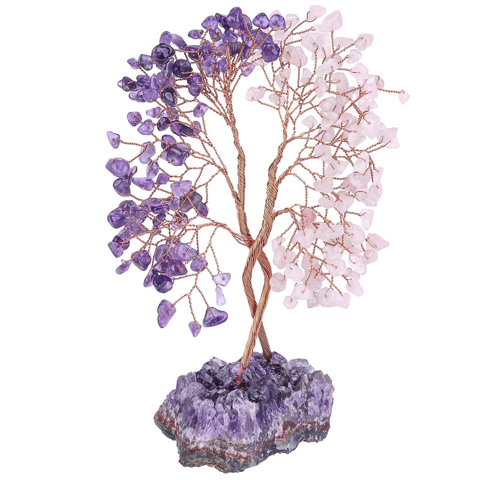rockcloud Crystal Money Tree with Amethyst Base, Intertwined Tree of Life Decor Copper Wire Ornament for Home Office Table, Rose Quartz & Amethyst