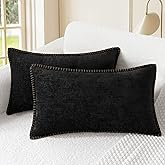CaliTime Throw Pillow Covers Decorative 12 X 20 Inches Pack of 2 Cotton Thread Stitching Edges Solid Dyed Soft Chenille Cushion Cases for Couch Sofa Bed Living Room Farmhouse Black