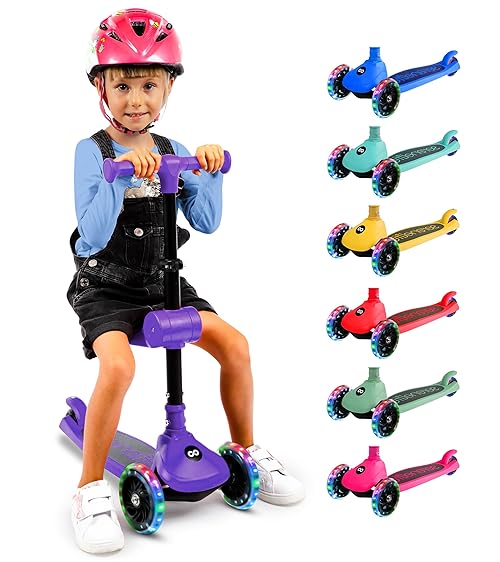 SereneLife 3 Wheel Kids Scooter, Kick Scooter with/without Foldable Seat, Light-Up LED Wheels, Adjustable Handlebar, Lean to Steer, Ideal for Toddlers Boys and Girls Age 3+, Up to 50Kg