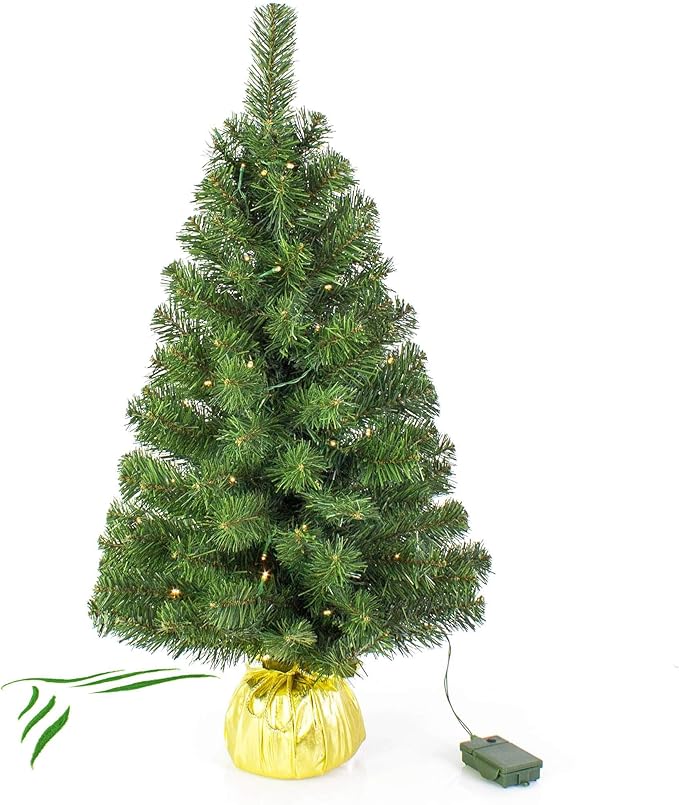 artplants.de Mini Sapin de Noël Artificiel VARSOVIE, doré, Guirlande LED, 90cm, Ø 50cm - Sapin 