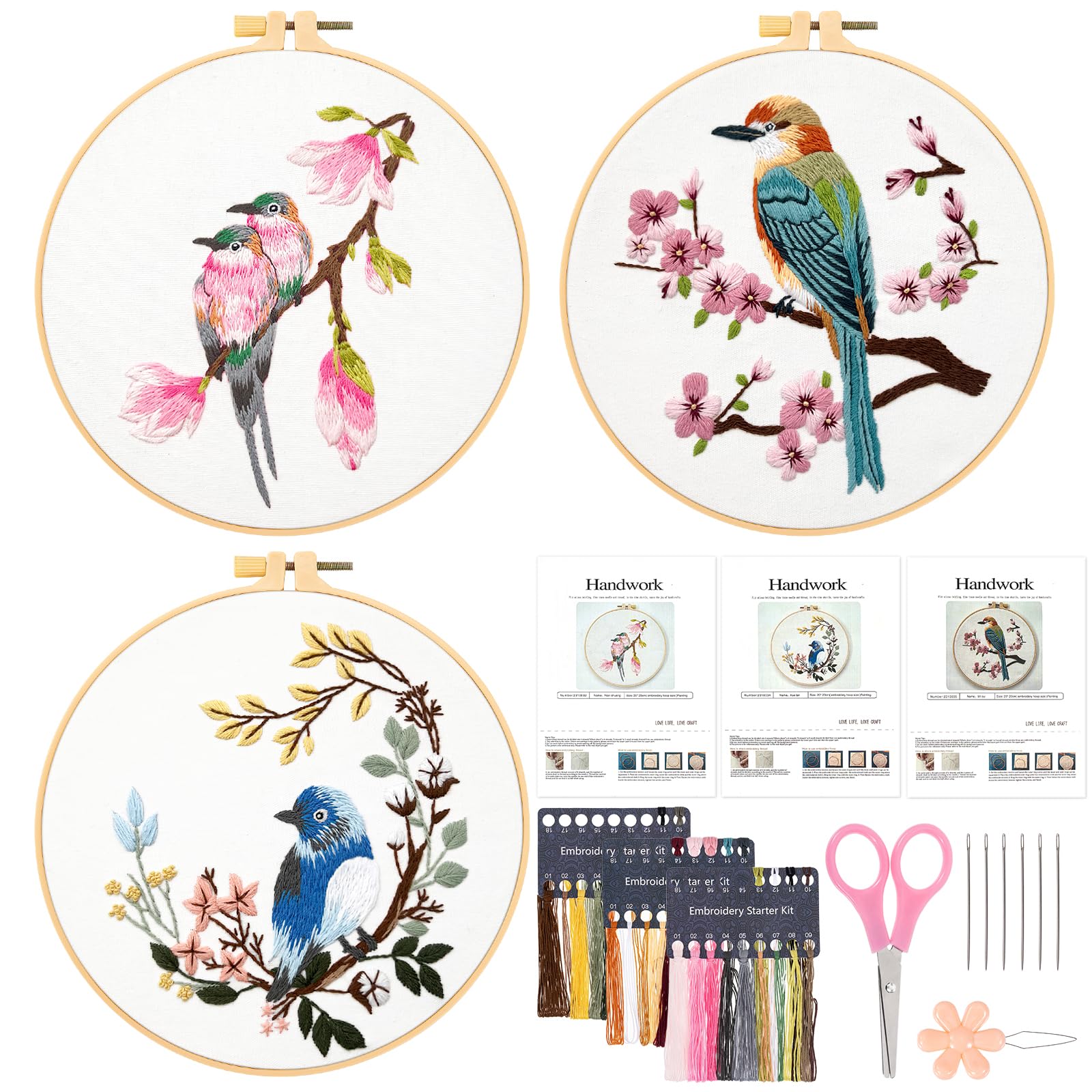 JSRQT 3 Pack Embroidery Starter Kits with Birds Flower Patterns Full Range of Embroidery Kits for Adults Beginners DIY Cross Stitch Kit Stamped Embroidery Kit Craft Lover Hand Embroidery Practice Kit