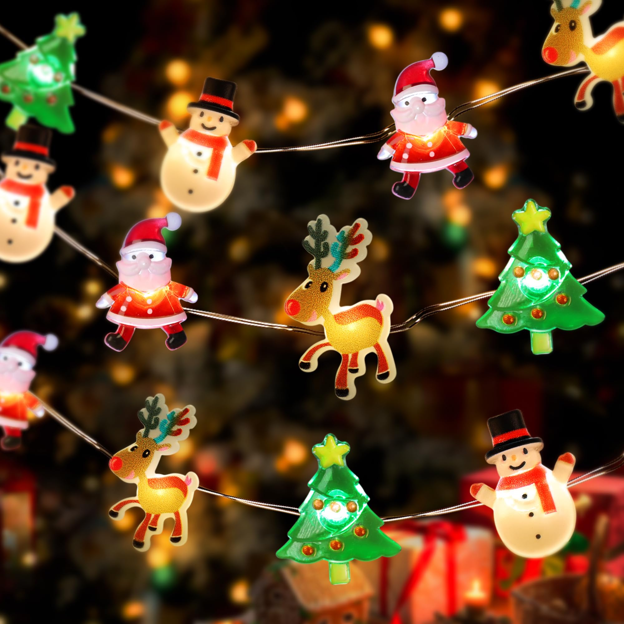 Photo 1 of [Timer] Christmas String Lights Decorations Snowman Tree Santa Christmas Lights Battery Operated,10FT Novelty Xmas Fairy Lights for Indoor Outdoor Tree Decorations (Mini Santa Tree Snowman Elk)