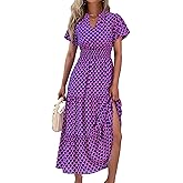 MASCOMODA Summer Maxi Dresses for Women 2026 Casual V Neck Puff Short Sleeve Smocked Flowy Beach Boho Long Floral Dress