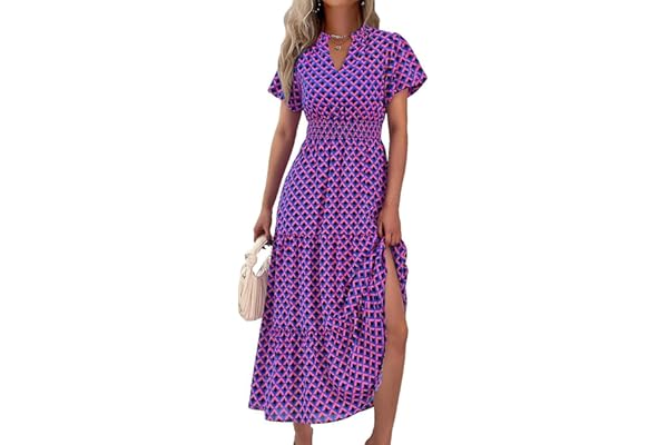MASCOMODA Summer Maxi Dresses for Women 2026 Casual V Neck Puff Short Sleeve Smocked Flowy Beach Boho Long Floral Dress