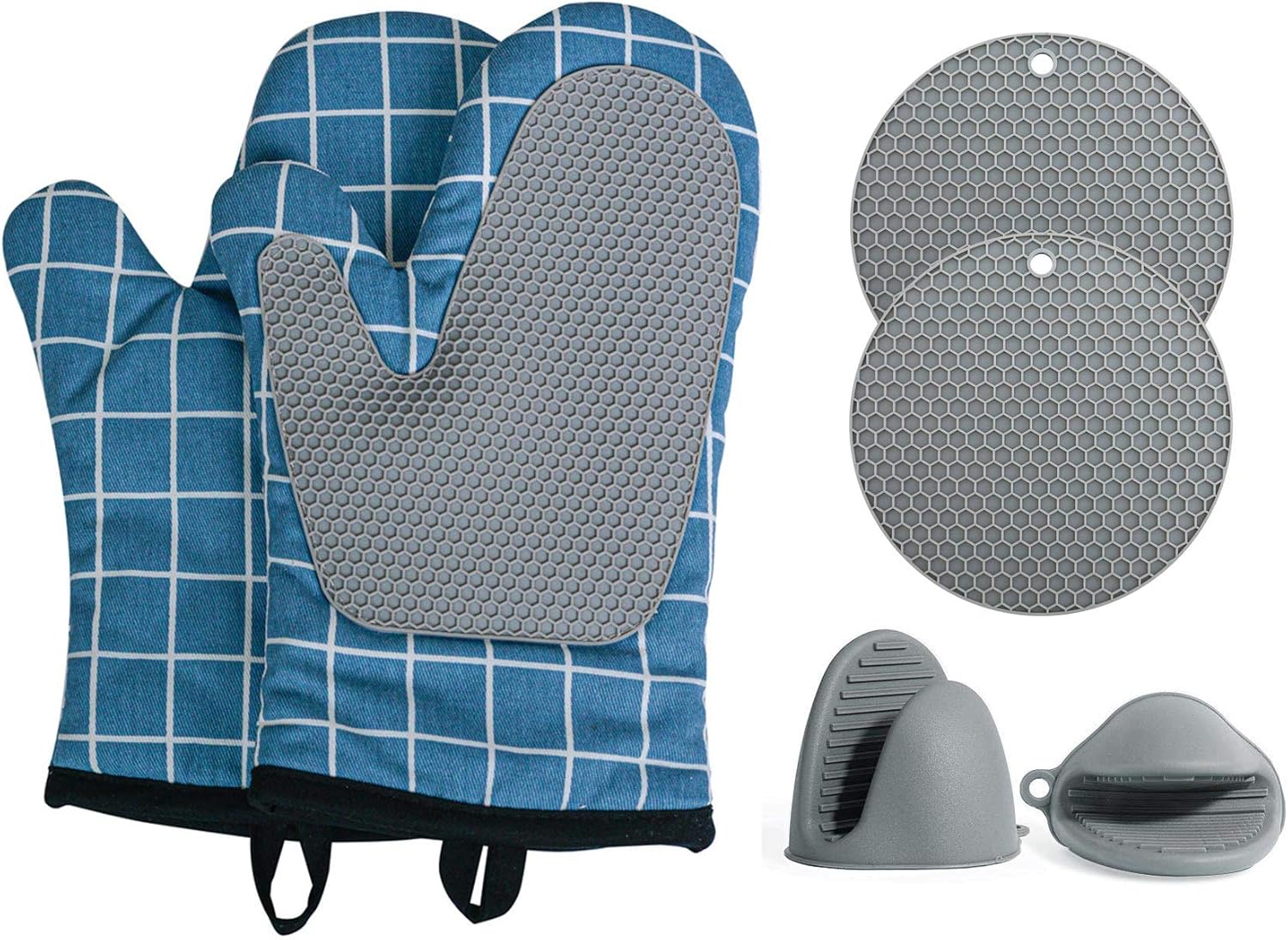 AIEOE Kitchen Silicone Double Oven Gloves & 2 Pcs Pads & 2 Pcs Hand