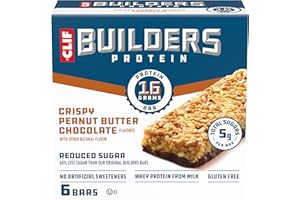 CLIF BUILDERS BAR CLIF BUILDERS Protein Bars - Crispy Peanut Butter Chocolate Flavored - Reduced Sugar - Gluten Free - 16g Protein - No Artificial Sweeteners - 1.97 oz. (6 Pack)
