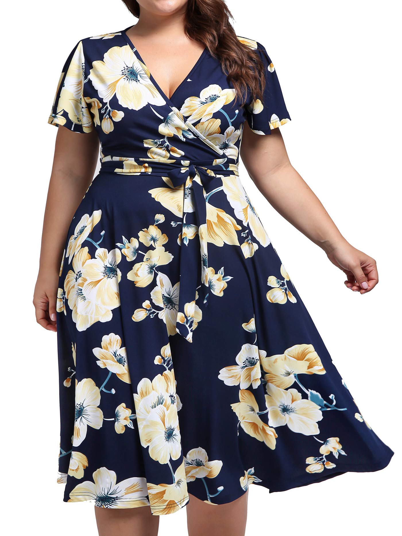kissmay Women Dress Plus Size, V Neck Wrap Dresses for Women Plus Sized Dress Evening Autumn Dress for Women Summer Spring Dresses for Women 2025 Navy Blue White Yellow Size 16W Image