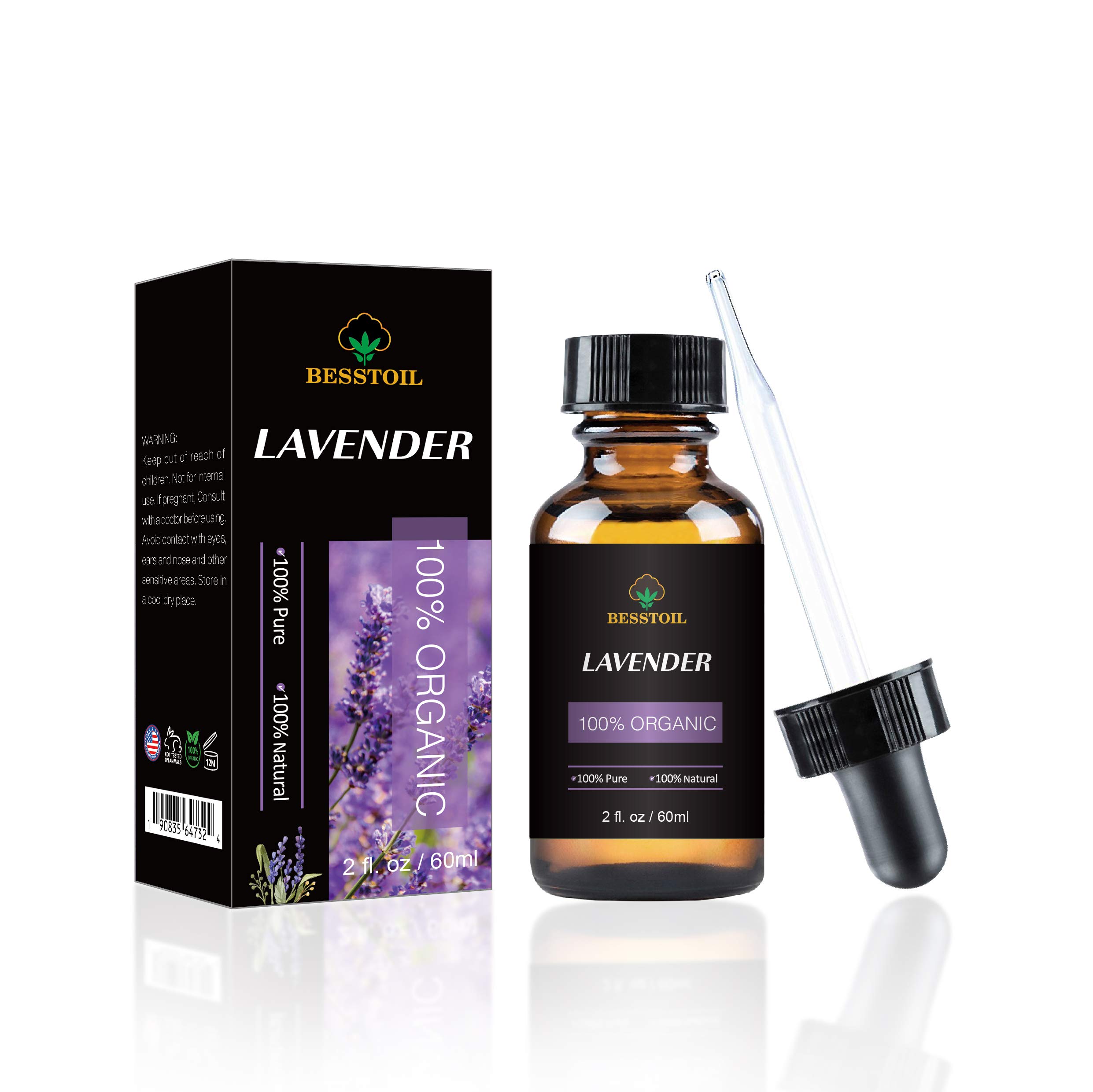 Organic Lavender Essential Oil - 100% Pure, Natural, Non-GMO, Therapeutic Grade for Aromatherapy Diffuser - Premium Glass Dropper (60ml)