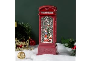 DANVON 11” Christmas Telephone Booth Snow Globe Lantern Lighted Box Night Light Battery Or USB Operated Led Lighted Water Glittering Music Playing for Home Decoration