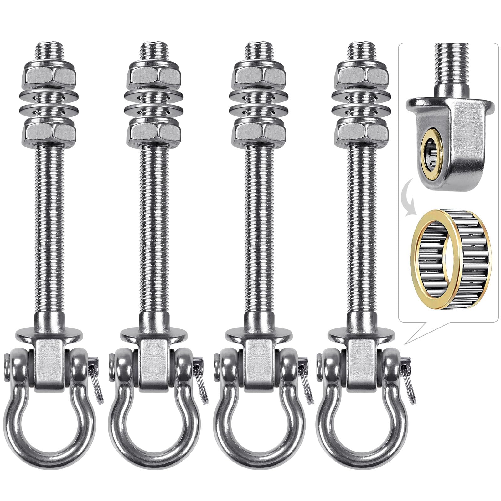 Dolibest 4pcs Swing Hanger with Bearing, 175mm Heavy Duty Hammock Hook M10 Hanging Chair Screw Eye Bolt Swivel Ceiling Beam Mounting Bracket for Yoga Rope/Aerial Hoop/Punching Bag/Sandbag, 1500lbs