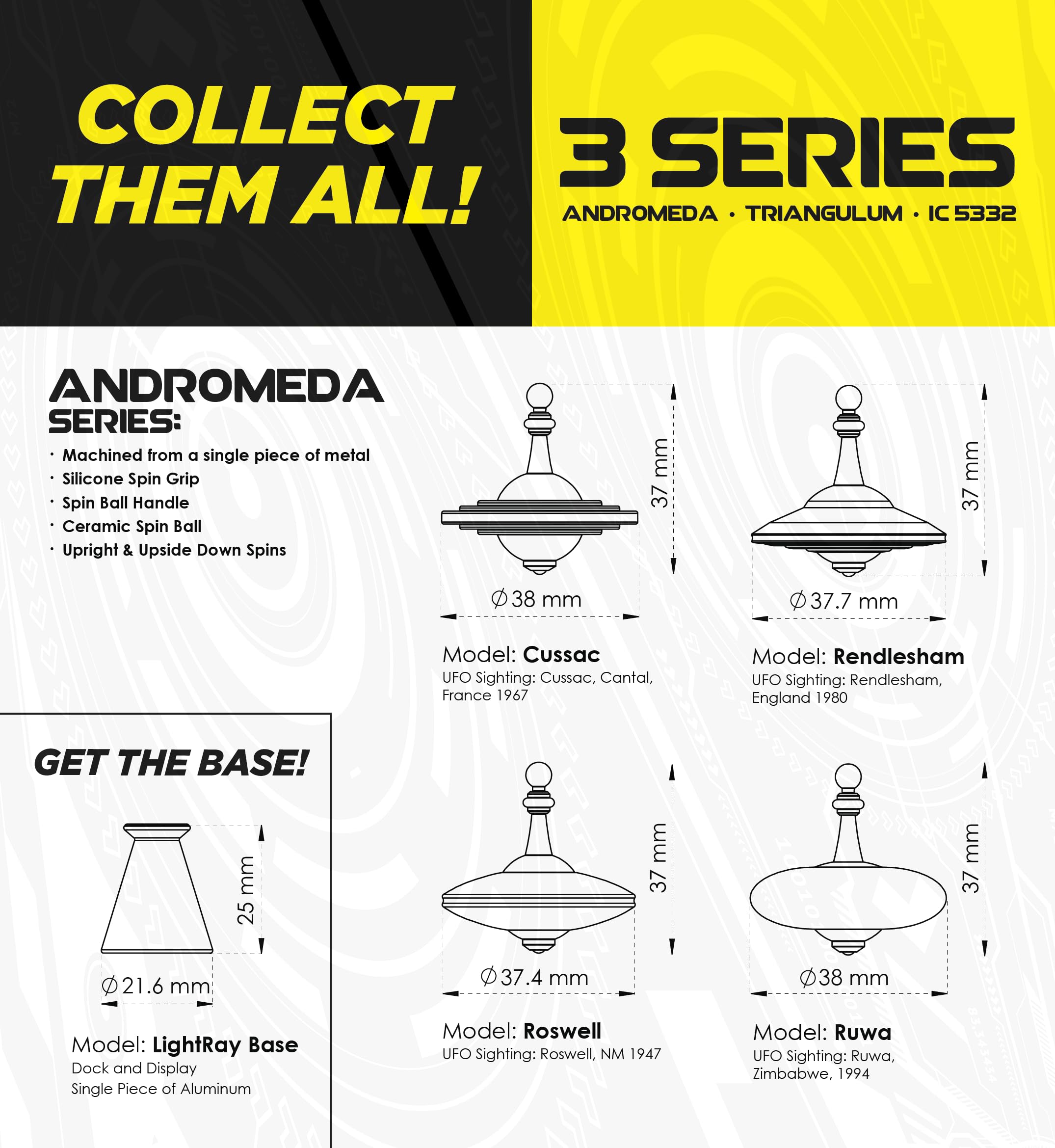 UFO Tops | Metal Spinning Tops | Andromeda Series Collector 3-Pack Set (Cosmic Silver)