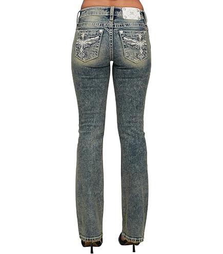 Miss Me Women's Mid-Rise Floral Embellished Steer Bull Boot Cut