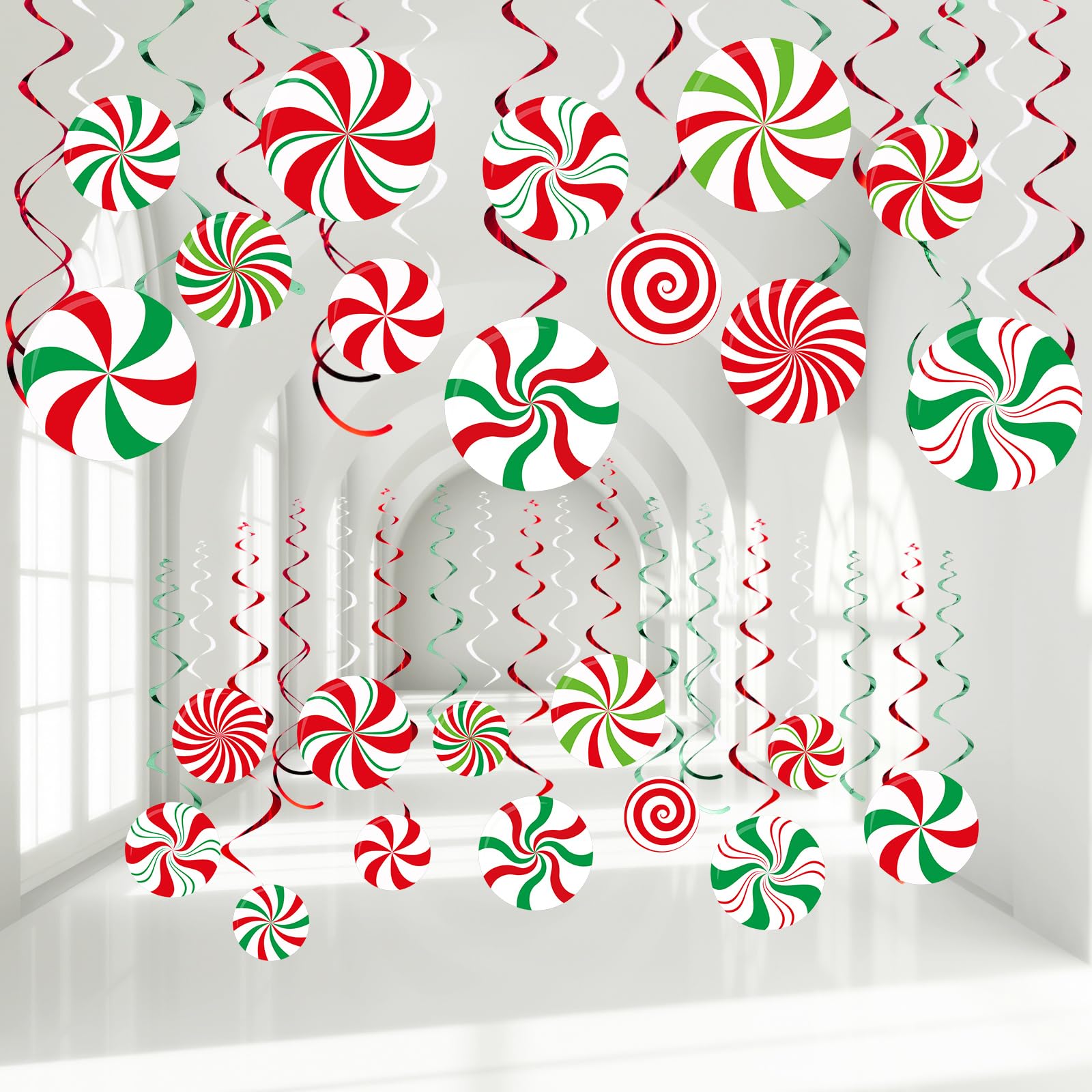 Photo 1 of ***STOCK IMAGE FOR REFERENCE***Funrous 54 Pcs Christmas Peppermint Candy Hanging Decorations Christmas Candies Ceiling Hanging Swirls Xmas Party Ceiling Whirl Streamers for Xmas Holiday Party Decor(Red White Green)