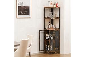 EOYUTLLY Corner Bar Cabinet with Wine Rack, 65" H 5-Tier Brown Wood Liquor Display with Magnetic Doors for Home, Living Room, Kitchen, Storage Solution Rustic Brown