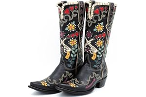 XEYANFYS Women's Swallow Floral Embroidered Cowgirl Boots - Chunky Low Heels - Handmade Rivets - Western Cowboy Knee High Boots - Pull On - Blue, Black, Green - Patchwork - Wide Calf