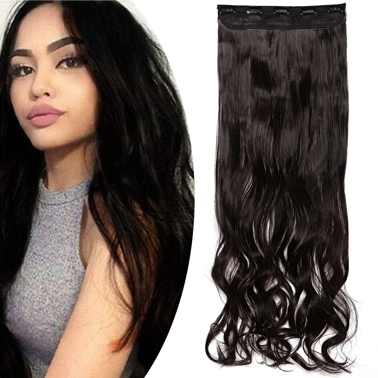 One Piece 3/4 Full Head Clip In Hair Extensions Curly Hairpieces Natural 5 Clips Wavy Heat-Resistant - Natural Black(17" /43cm,120g)