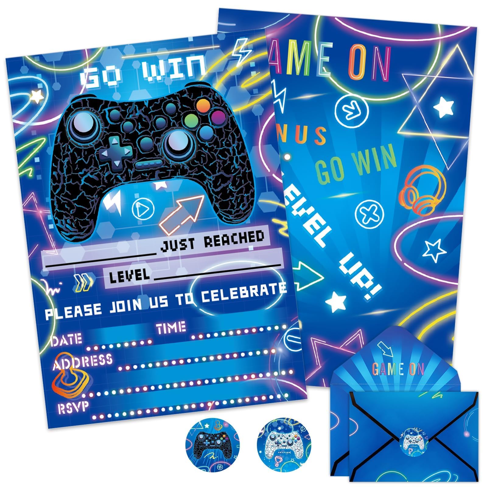 Photo 1 of WERNNSAI Video Game Party Invitation - 24 Set Fill-in Blue Gaming Birthday Invitation Cards with Envelopes Sticker for Boys Kids Double-Sided Printed Game On Invitations for Celebration Party Supplies