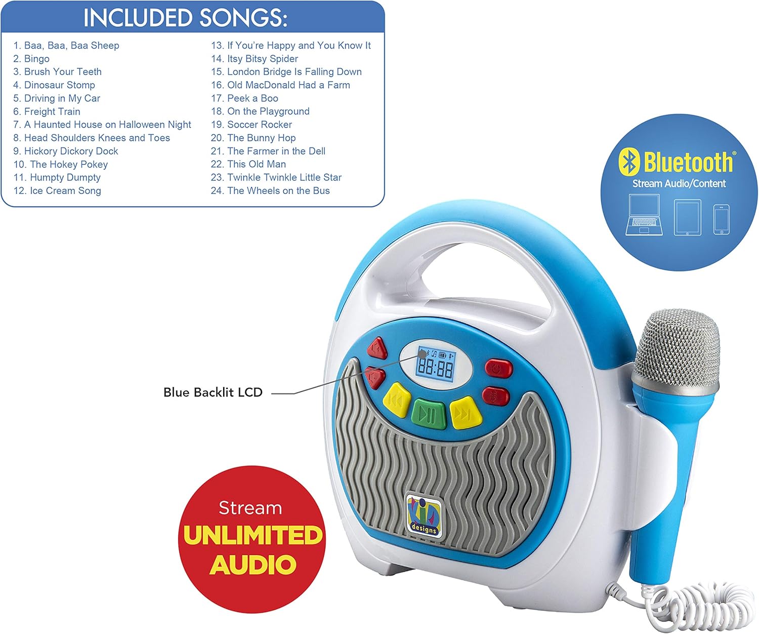 eKids Mother Goose Club Bluetooth Sing Along Portable MP3 Player Real Mic 24 Songs Storesup to 16 Hours of Music 1 GB Built in Memory USB Port: Toys & Games