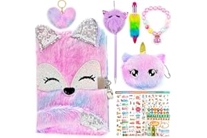 Seyaom Girls Diary with Lock and Key,Cute Plush Kids Secret Diary,Journal Notebook Gift Set with Coin Purse Sticker Fur Ball 