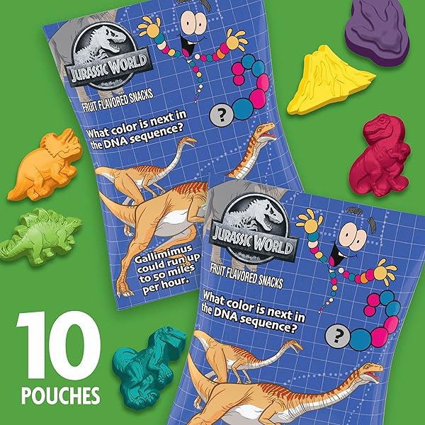 JURASSIC WORLD FRUIT FLAVORED SNACKS, GLUTEN FREE, KIDS SNACKS, 10 CT, 8 OZ