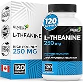 RENEW ACTIVES L-Theanine Supplements 250mg Per Serving - Promotes Relaxation, Mental Clarity, & Focus - Non-GMO, Vegan, Glute